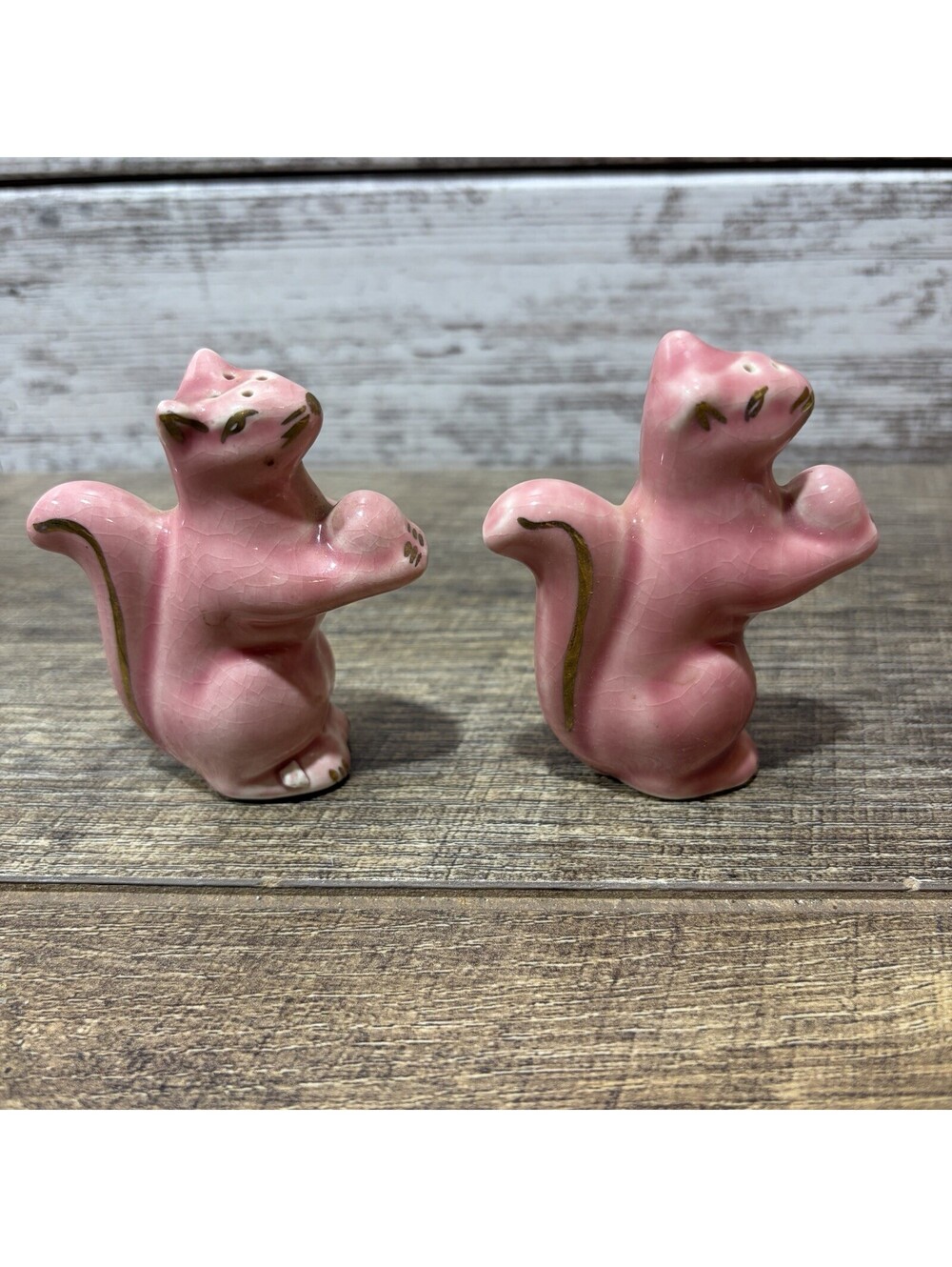 Vintage Pink & Gold Squirrels With Nut Salt And Pepper Shakers